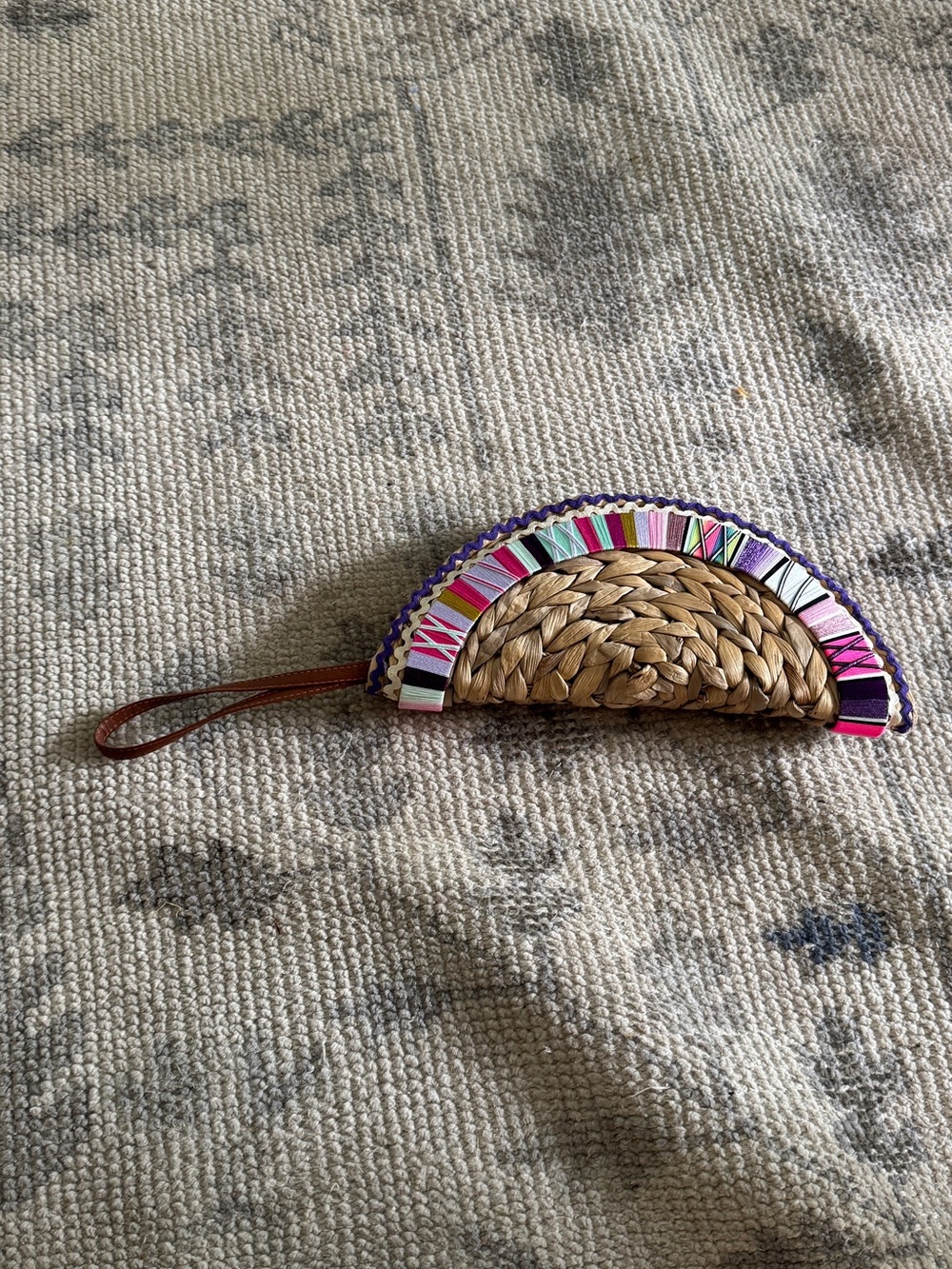 Woven Straw Wristlet Clutch with Multicolor Trim